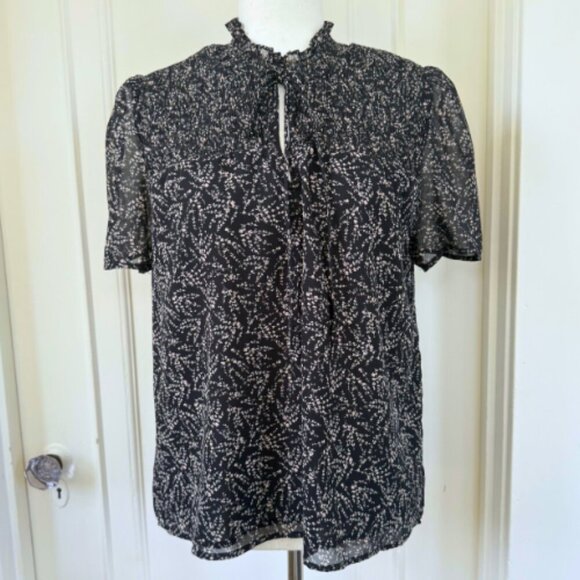 PETITE ASSEMBLY Black Printed Tie Neck Short Sleeve Blouse Size LP - Picture 5 of 12